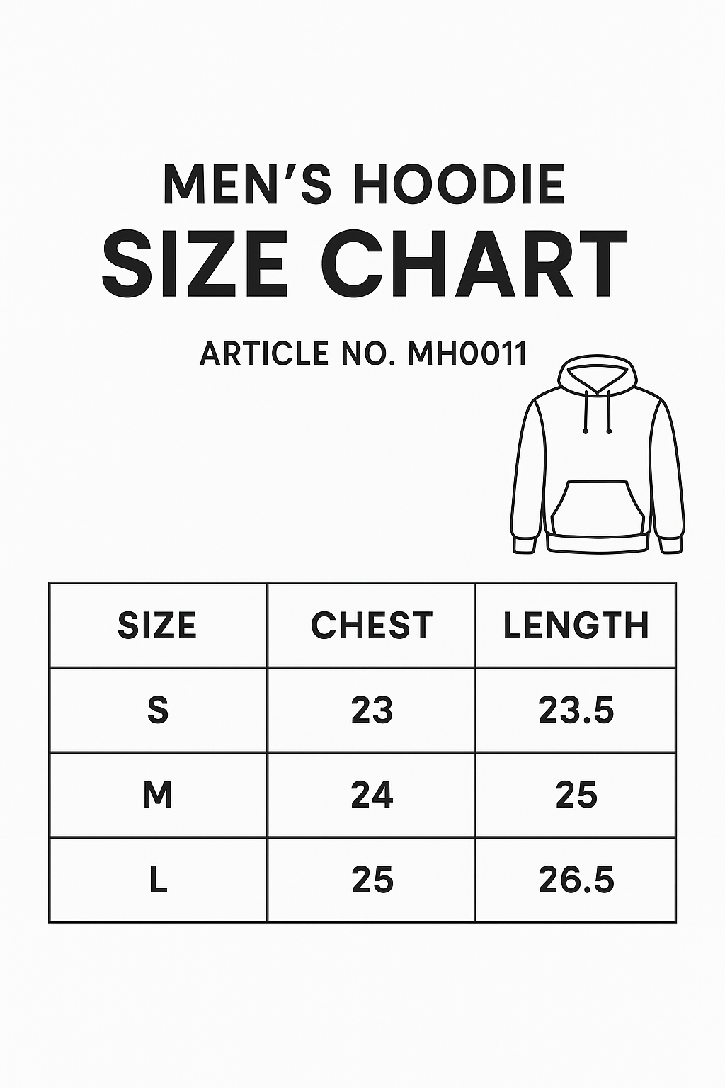 HOODIE  MH0011 size chart