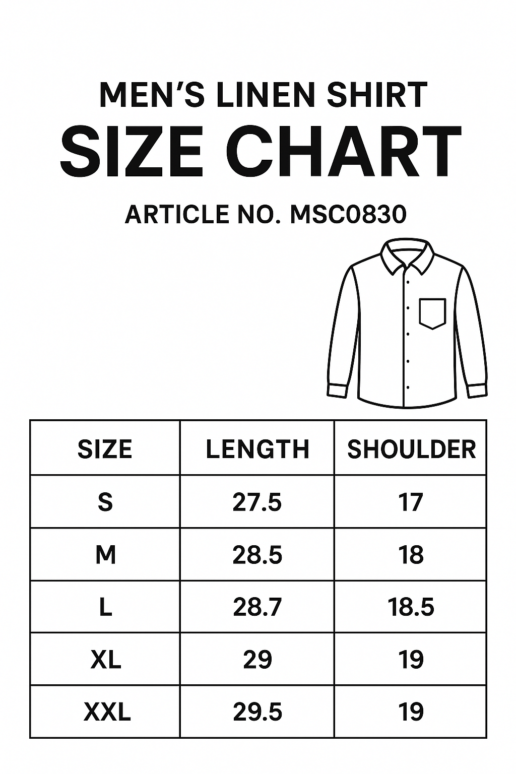 Linen Shirt MSC0818 size chart