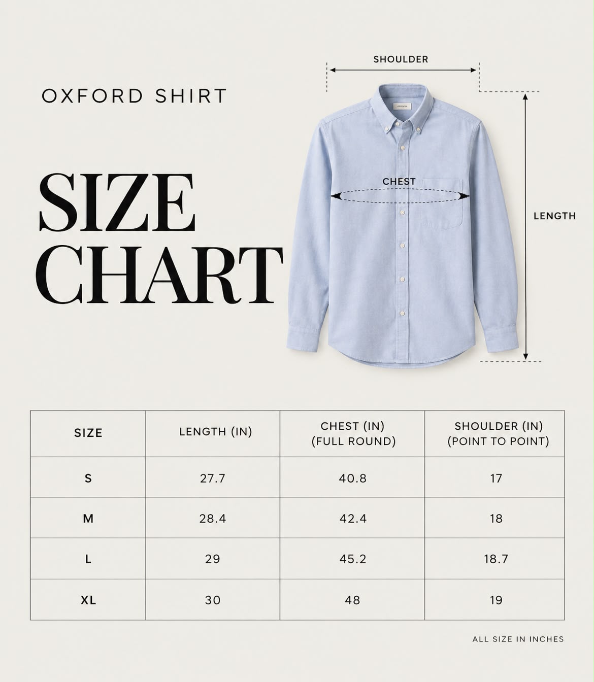 OXFORD SHIRTS MSC1267 size chart