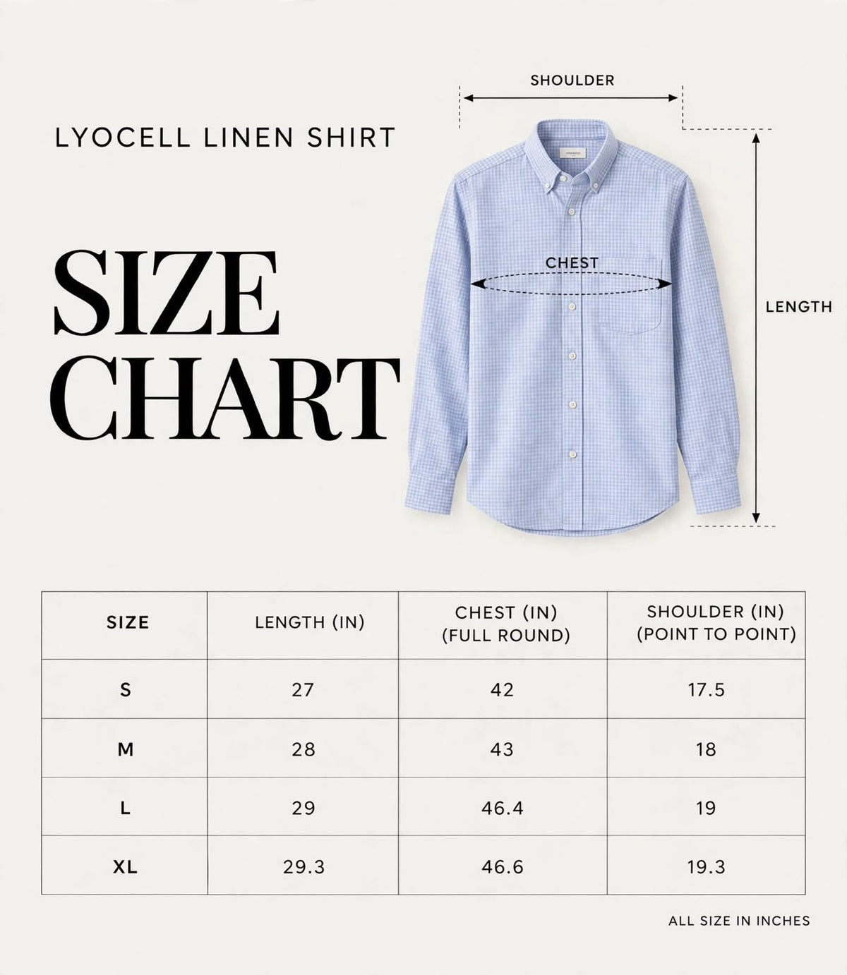 Lyocell LINEN MSC1275 size chart