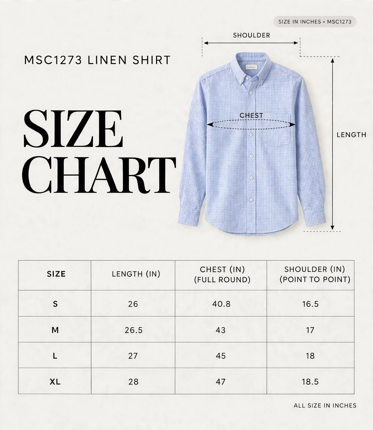 Linen SHIRT MSC1273 size chart