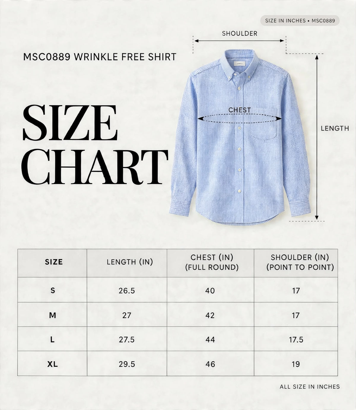 WRINGLE FREE SHIRT MSC0889 size chart