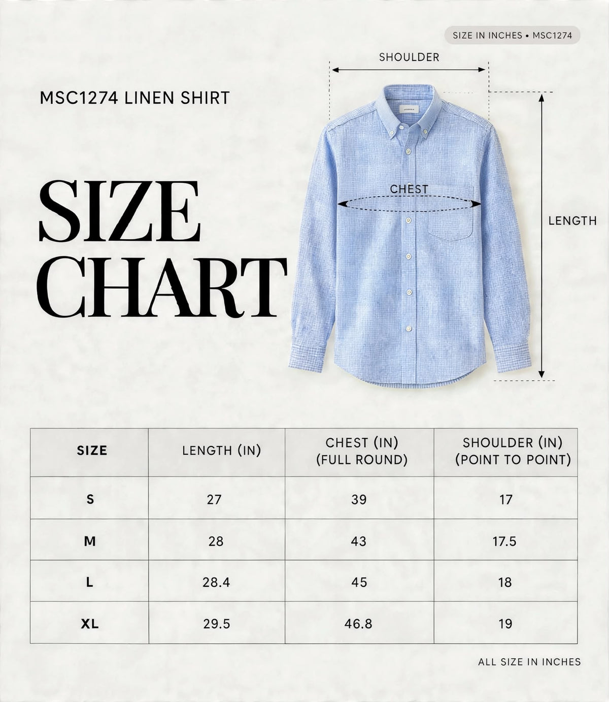 LINEN SHIRT MSC1274 size chart