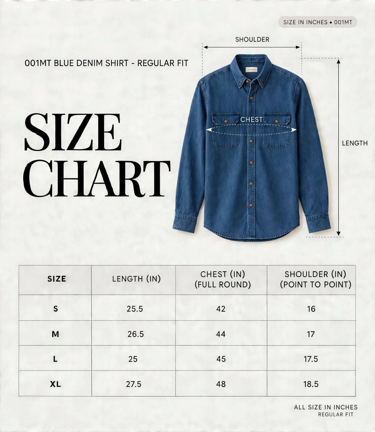 RFD DENIM SHIRTS 001MT size chart