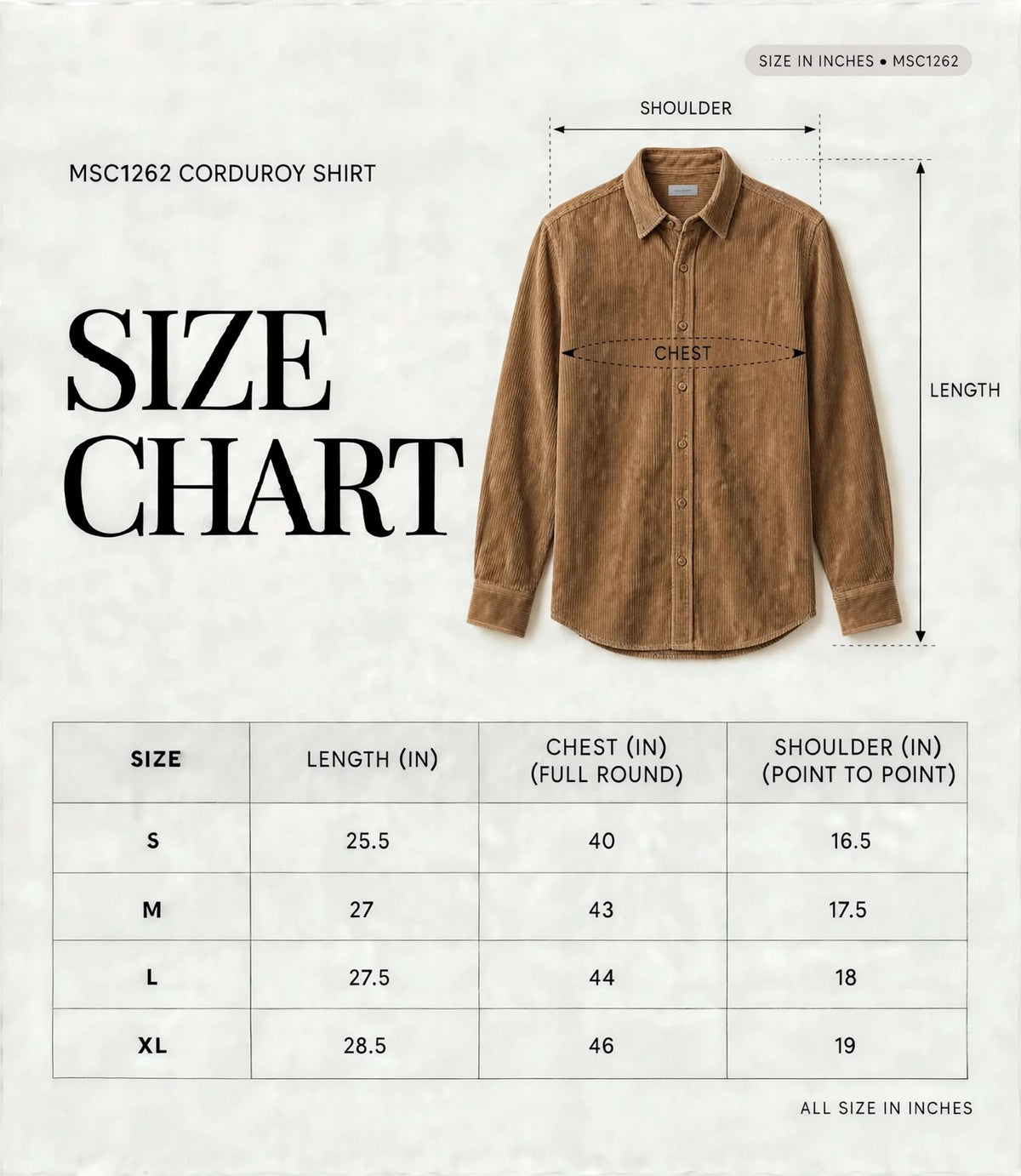 CORDUROY SHIRTS MSC1262 size chart