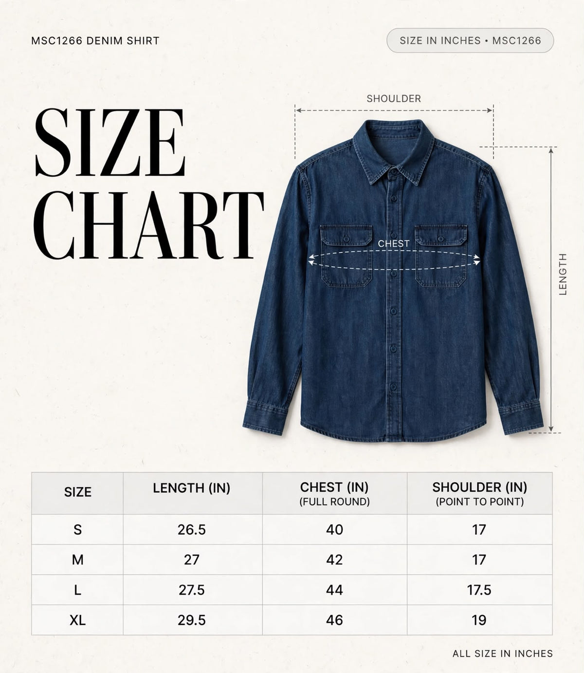 DENIM SHIRTS MSC1266 size chart