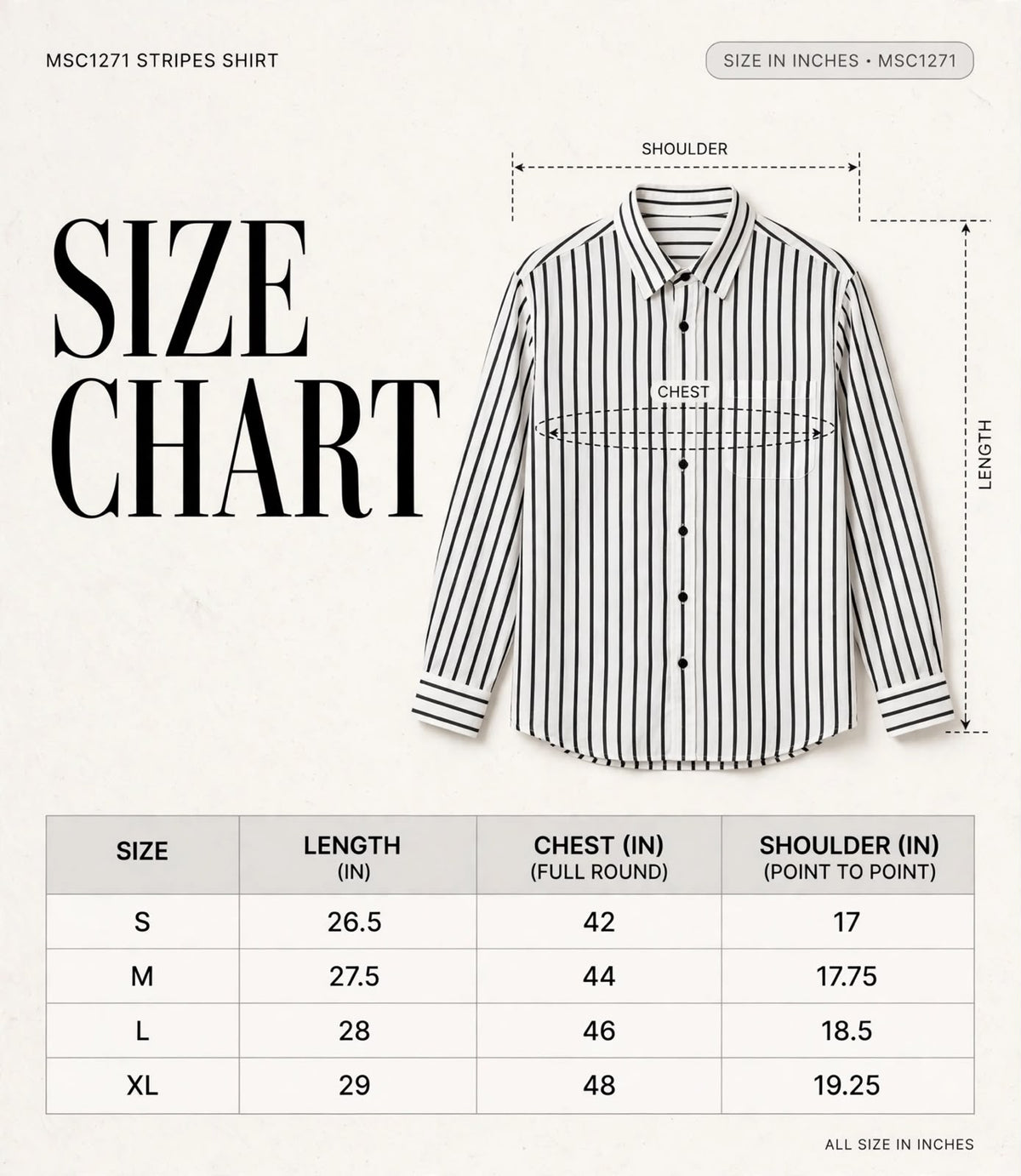 STRIPES SHIRTS MSC1271 size chart
