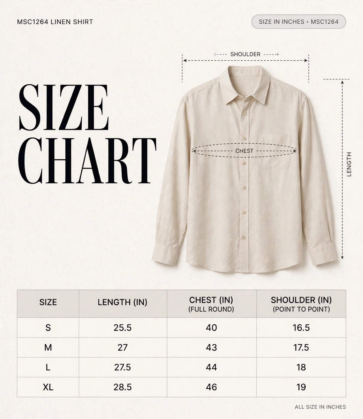 LINEN SHIRTS MSC1264 size chart