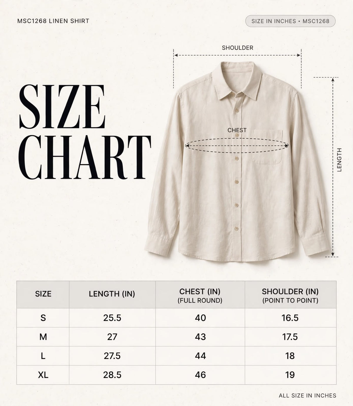 LINEN SHIRT MSC1268 size chart