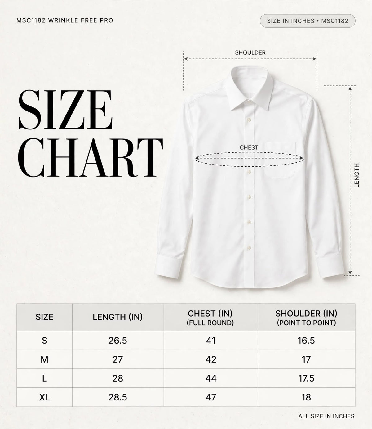 WRINKLE FREE PRO MSC1182 size chart