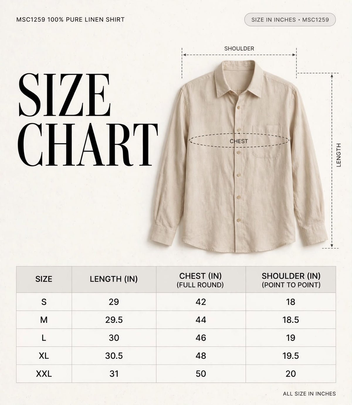100% PURE LINEN SHIRTS MSC1259 size chart