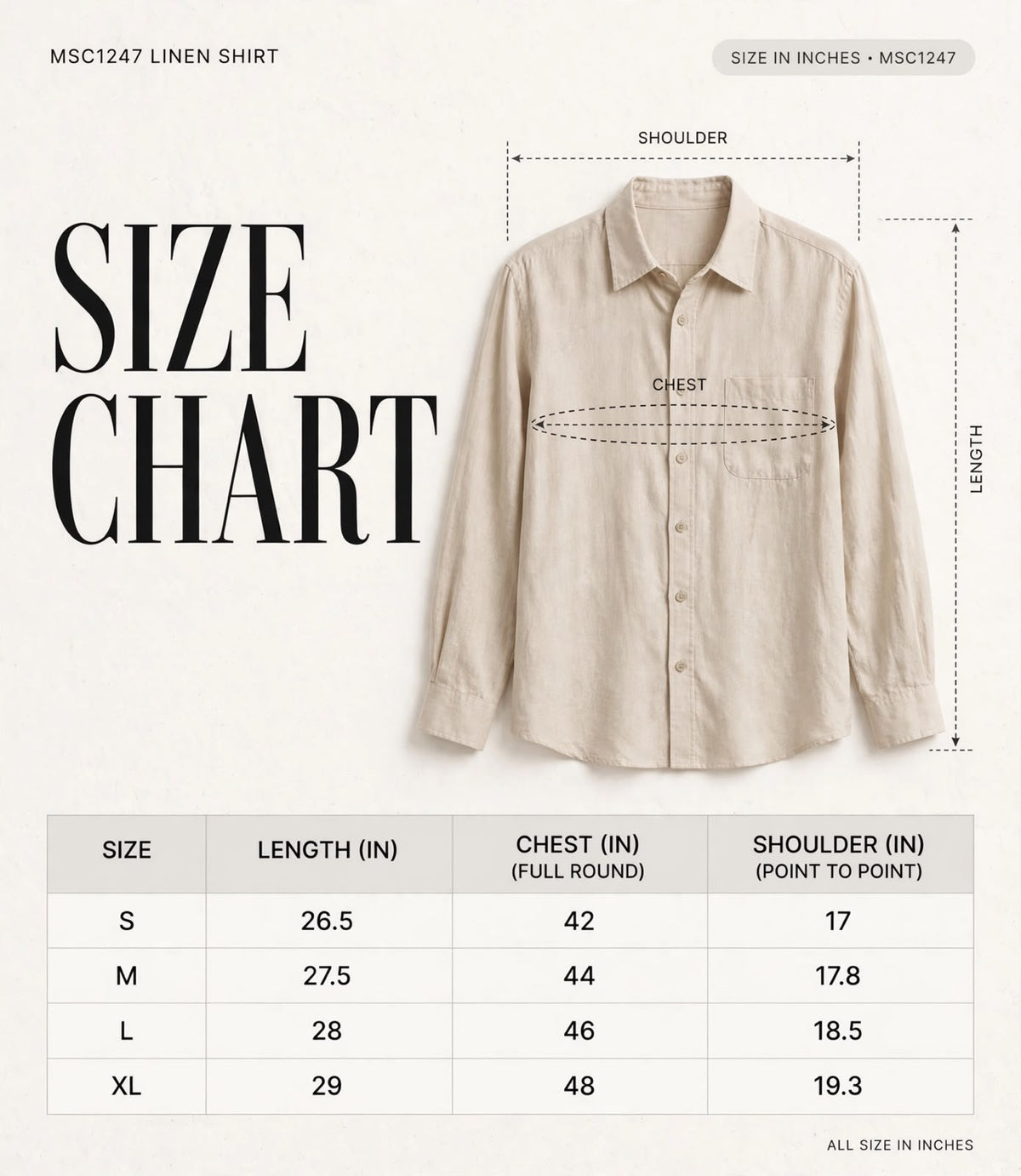 LINEN SHIRTS MSC1247 size chart