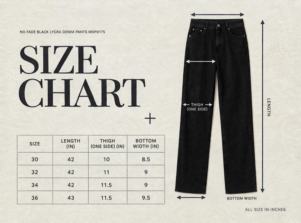 NO FADE BLACK LYCRA DENIM PANTS MDP0175 size chart