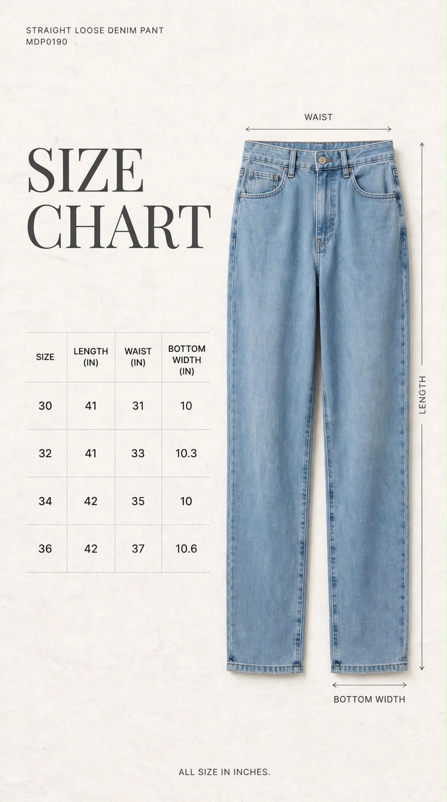 STRAIGHT LOOSE DENIM PANT MDP0190 size chart