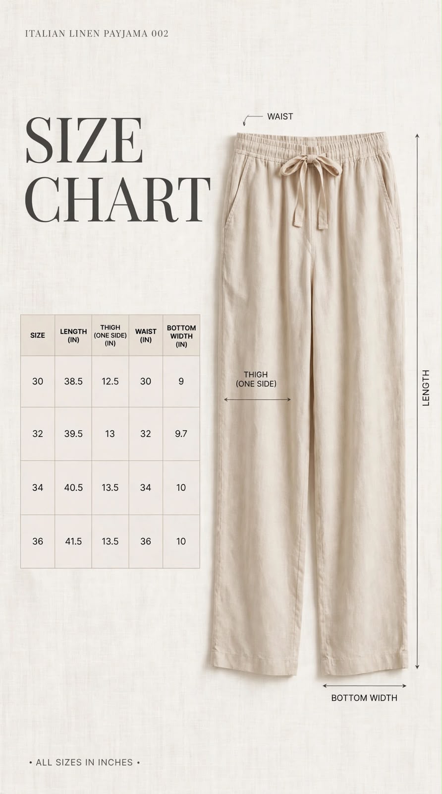 ITALIAN LINEN PYJAMA 002 size chart