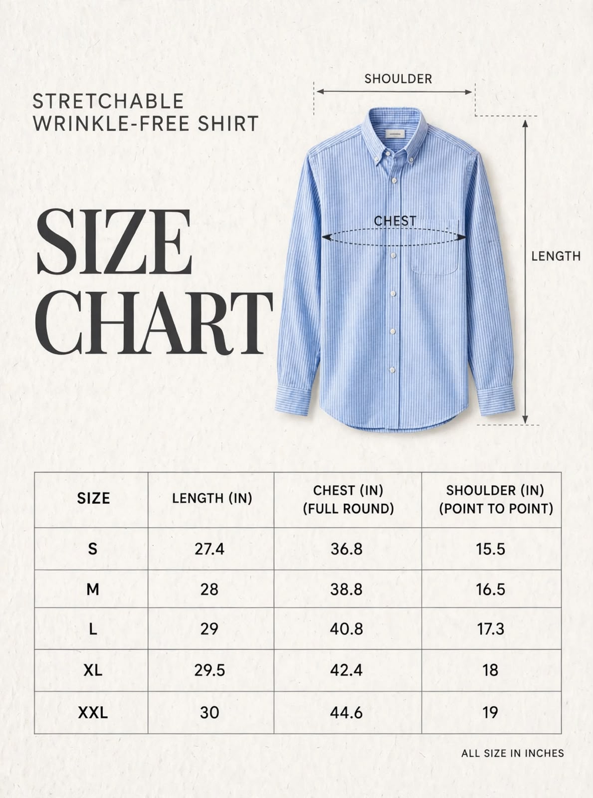 Stretchable Wrinkle Free001MT size chart